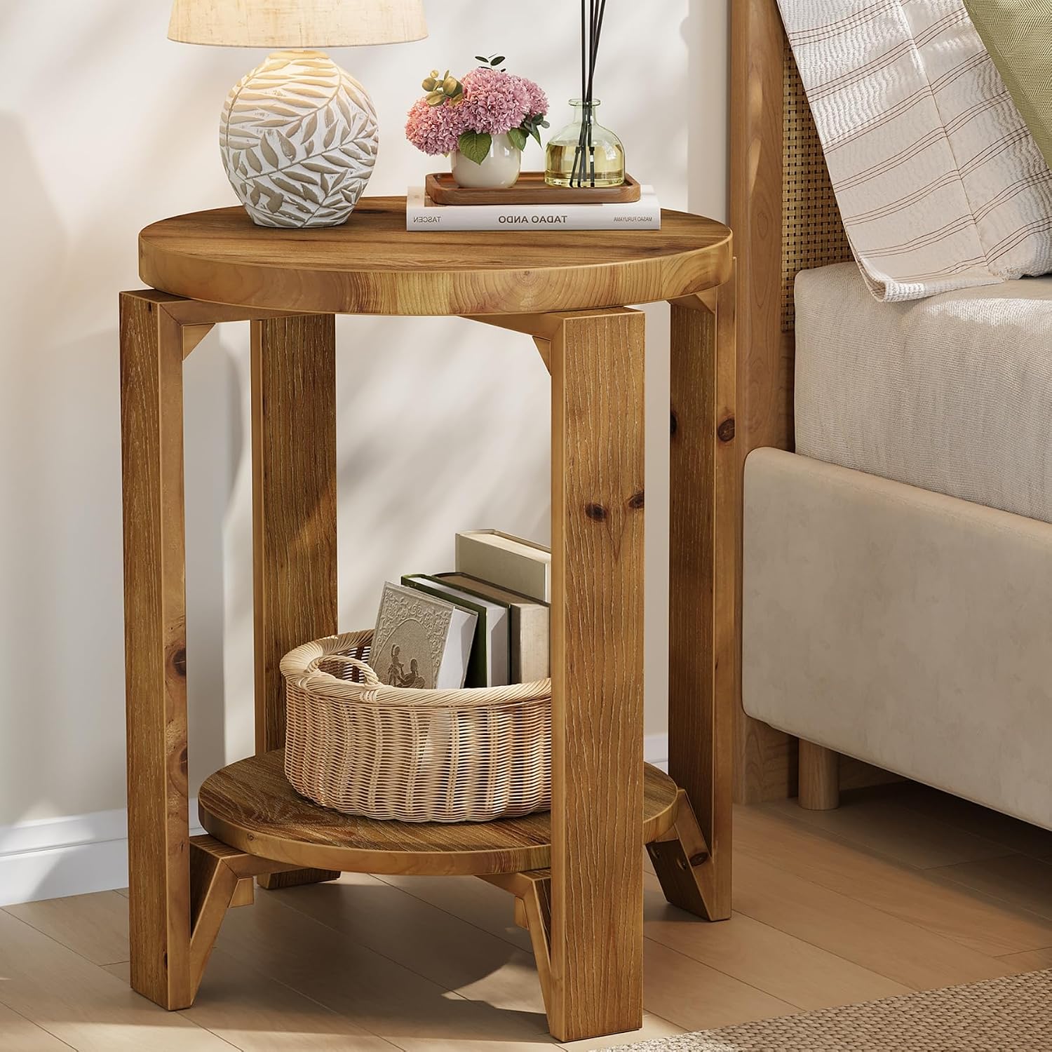 Solid Wood End Table, 2-Tier Round Wood Side Table for Living Room, Farmhouse Circle Nightstand with Storage for Bedroom, Couch, Small Spaces, Easy Assembly, Rustic Brown
