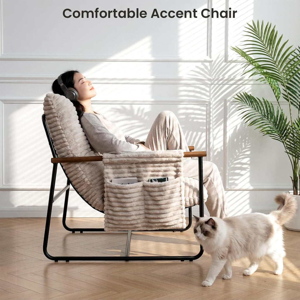 Comfy Accent Chair Cozy Reclining Sleeper Oversized Recliner Arm Chairs for Living Room Modern Lounge Armchair with Wood Armrests Sturdy Upholstered Single Sofa for Bedroom Home Office