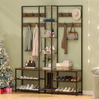 GiftGo Corner Hall Tree with Shoe Rack Storage Bench Display Open Shelves Modern Industrial Entryway Coat Rack Stand for Home Living Room Mudroom Bedroom Multifunctional 5 in 1 (Rustic Brown)