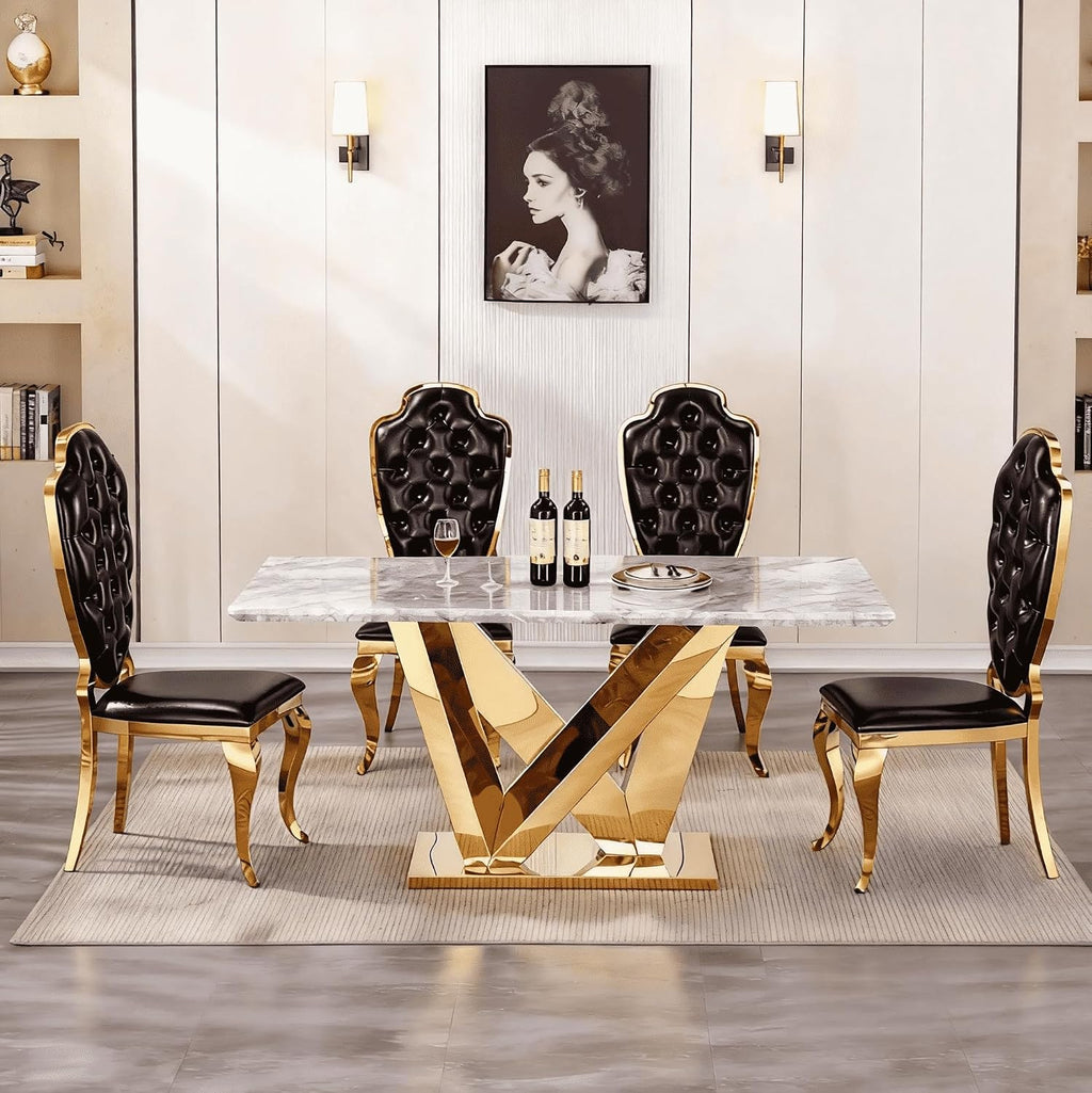 70 Inch Modern Rectangle Dining Table for 6, Faux Marble Top with Mirrored Stainless Steel Base, Large Kitchen Table for Dining Room, Living Room, Office, Conference, (Table Only) (Gold + Grey)