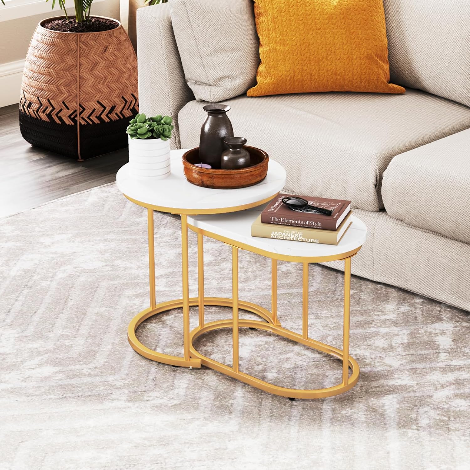 CASART Set of 2 Nesting Tables, Faux Marble Stacking Sofa Side Tables 2PCS Round Coffee Table, Wooden Top & Steel Frame, Space Saving Accent Tea Tables for Living Room Bedroom Office (Marble+Golden)