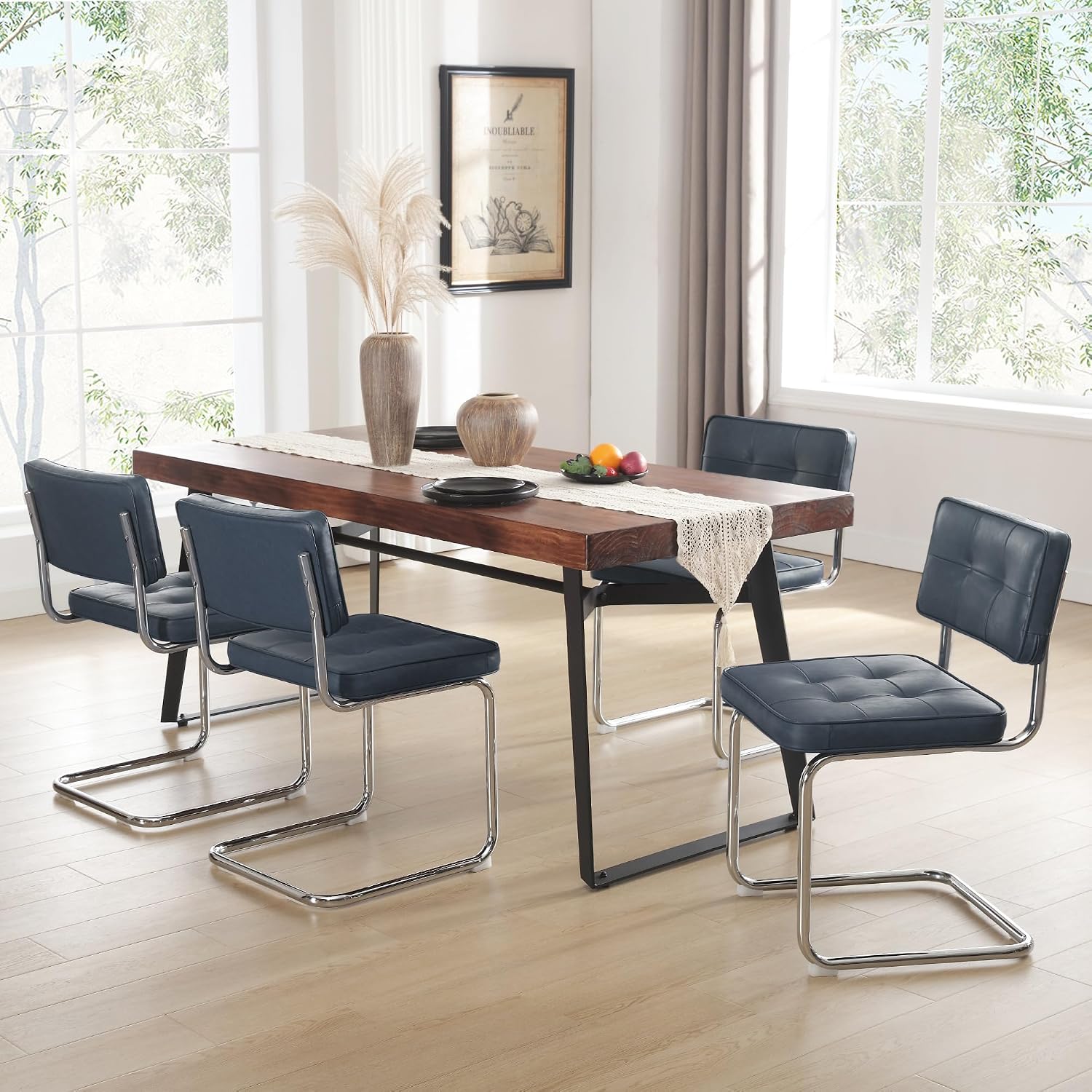 ONEVOG Retro Kitchen & Dining Chairs Set of 2, Mid Century Modern Dining Seat 19.3" with Faux Leather Cushion Back, Cantilever Chrome Metal Legs, Upholstered Armless Chair for Small Living Room, Blue