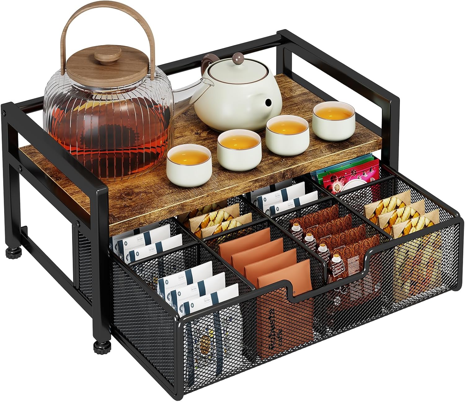 Tea Bag Organizer with 8-Compartment Mesh Drawer, Rustic Brown | Wood & Metal Holder, Spacious Storage Capacity, Smoothly Sliding Drawers, Divided Compartment Storage, Multi-Scene Use