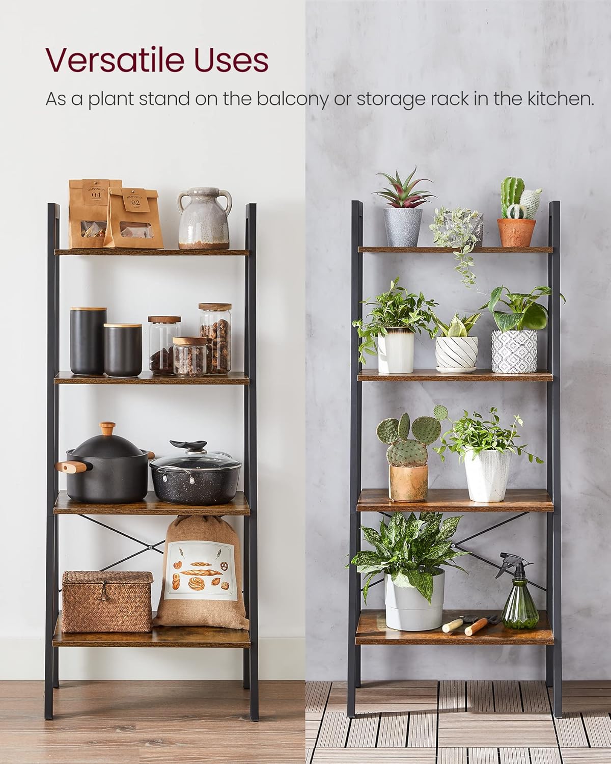 VASAGLE BARNET Collection - Ladder Shelf, Bookshelf, Storage Rack, Modern Bookcase for Living Room Home Office Kitchen, Steel Frame, 4-Tier, 22-Inch Wide, Rustic Brown and Ink Black ULLS44X