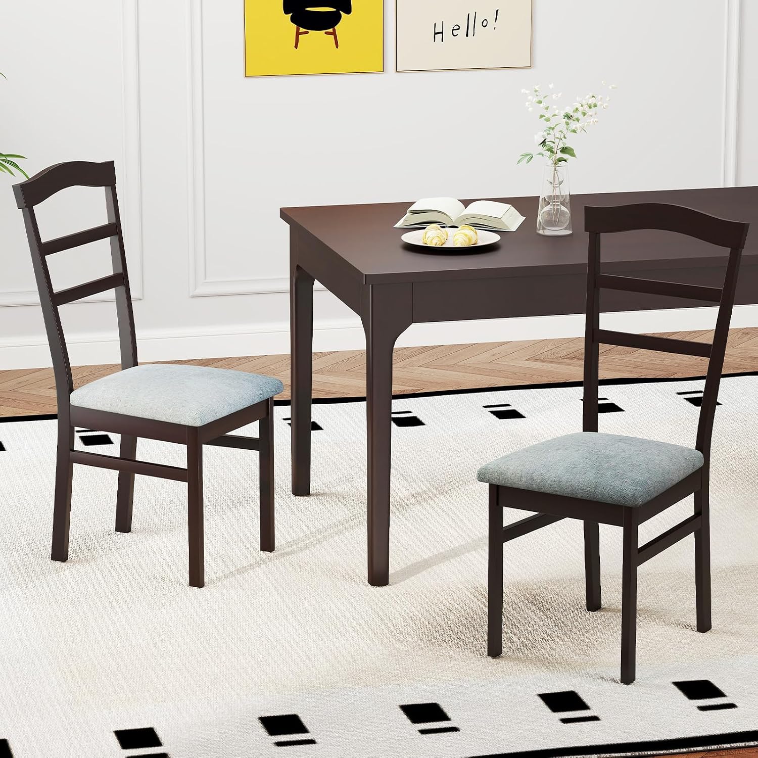 Giantex Wooden Dining Chairs Set of 4, Upholstered Kitchen Chair w/Rubber Wood Frame, Linen Fabric Padded Seat, High Curved Back, Farmhouse Accent Side Chairs for Dining Room Living Room