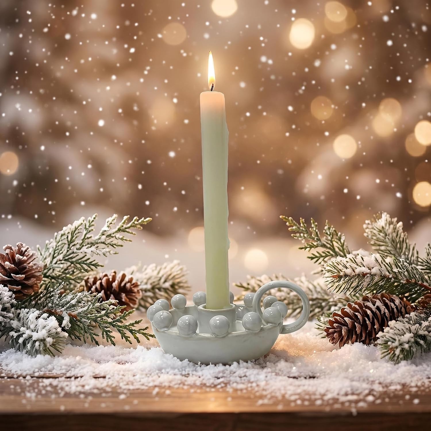 Ceramic Taper Candle Holder with Handle,Vintage White Glaze Farmhouse Beads Candlestick Holders for Mantel, Dining Home Decoration