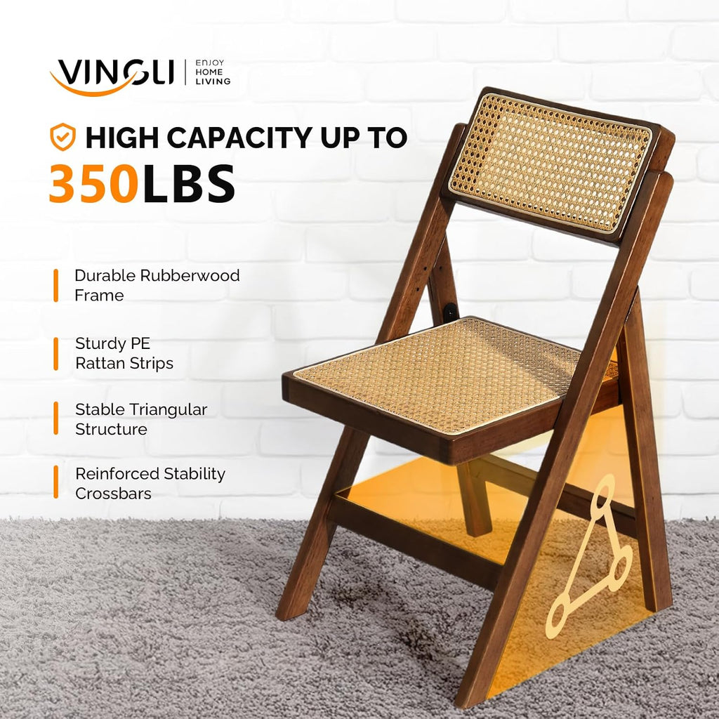 VINGLI 4 Pack Rattan Dining Chair, Wood Folding Chair with 360° Swivel Backrest, Rubberwood Frame and Rattan Woven Seat and Back, Walnut, Set of 4