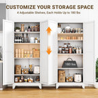71" Tall Metal Kitchen Pantry Cabinet, Freestanding Steel Storage Cabinet with Doors, 4 Adjustable Shelves, for Dining Room, White