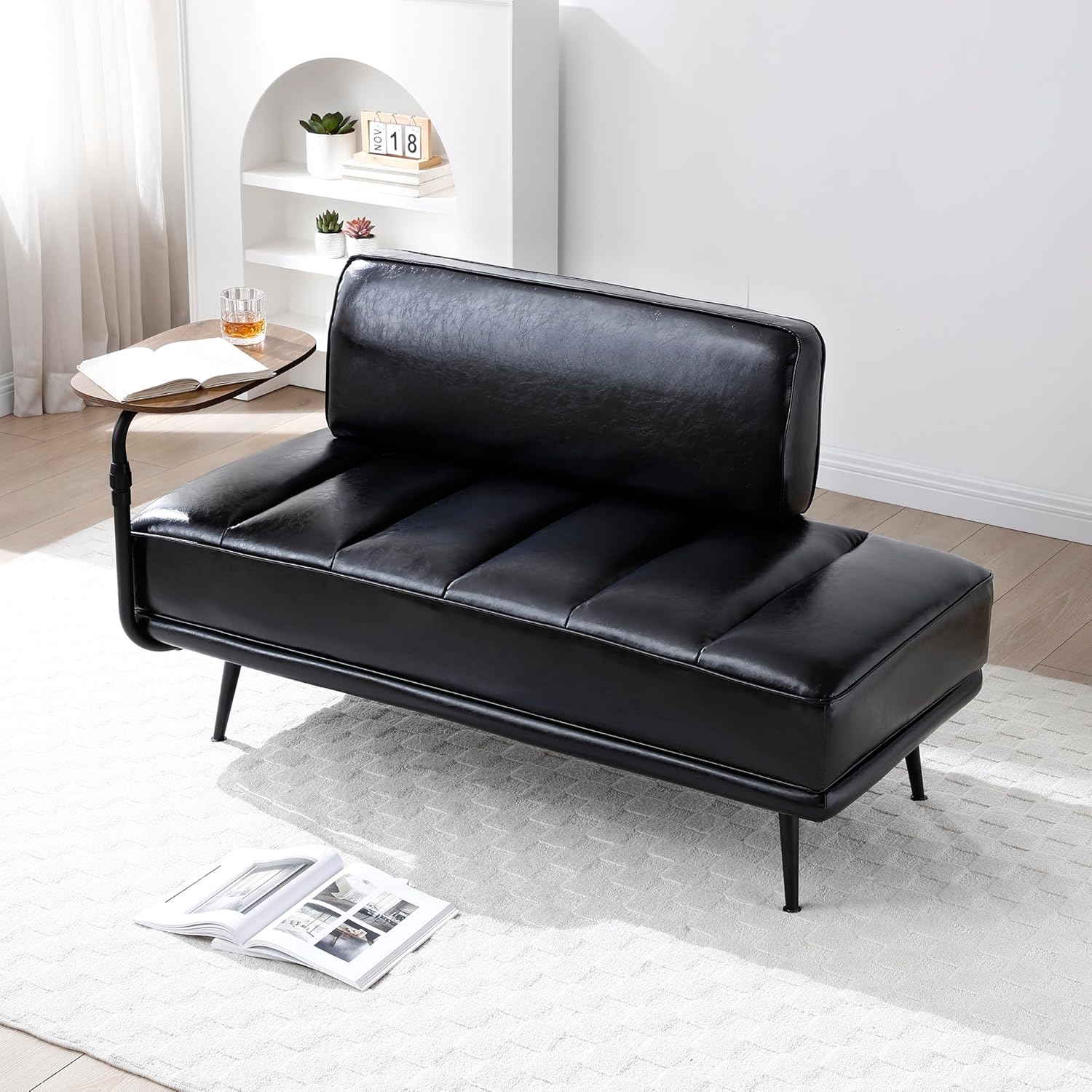 55" Modern Upholstered Bedroom Bench with Side Table - 360° Rotating Tray, PU Leather Cushion, Metal Legs for Living Room & Entryway (Black)