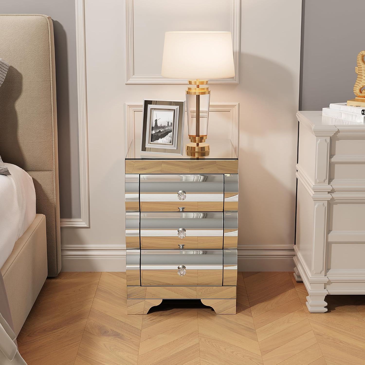 Silver Modern Mirrored Nightstand with 3 Drawers, Baked Curved Glass Bedside Table for Bedroom, Small Space End Table for Living Room