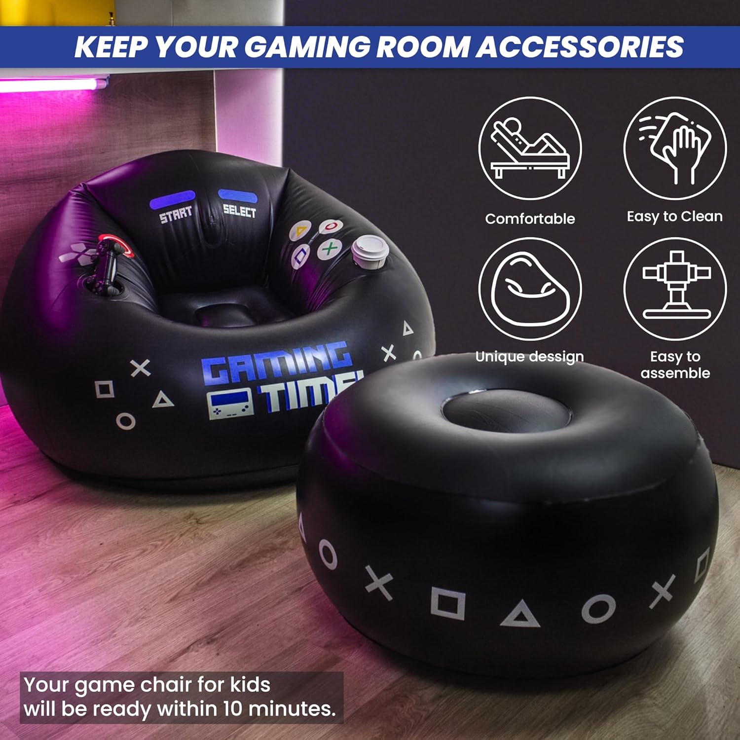FranFusion Inflatable Gaming Chair for Kids & Teens with Cup Holders and Side Pocket - This Air Bean Bag Game Chair is The Perfect Furniture for Gamer Room Décor (Gaming Time with Ottoman)