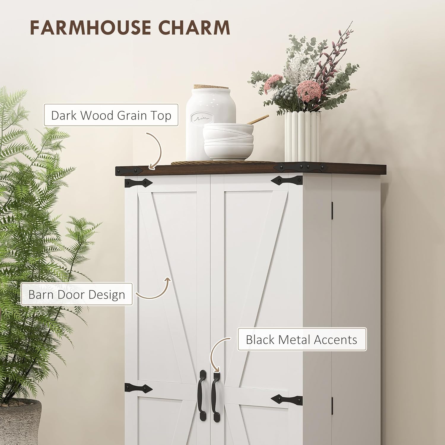 HOMCOM 47" LED Kitchen Pantry Cabinet, Farmhouse Storage Cabinet with 5 Deep Shelves and 12 Door Shelves, Freestanding Food Pantry with Barn Door, White