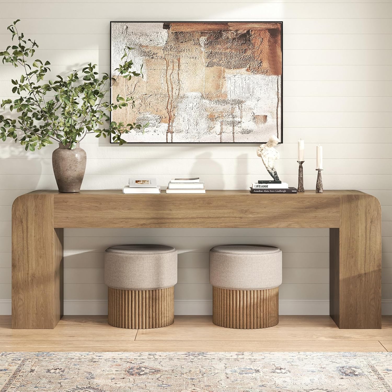 82.75" Extra Long Console Table for Entryway, Farmhouse Rounded-Edge Entryway Table, U-Shaped Foyer Table Sofa Table for Living Room Hallway Entrance, Rustic Brown