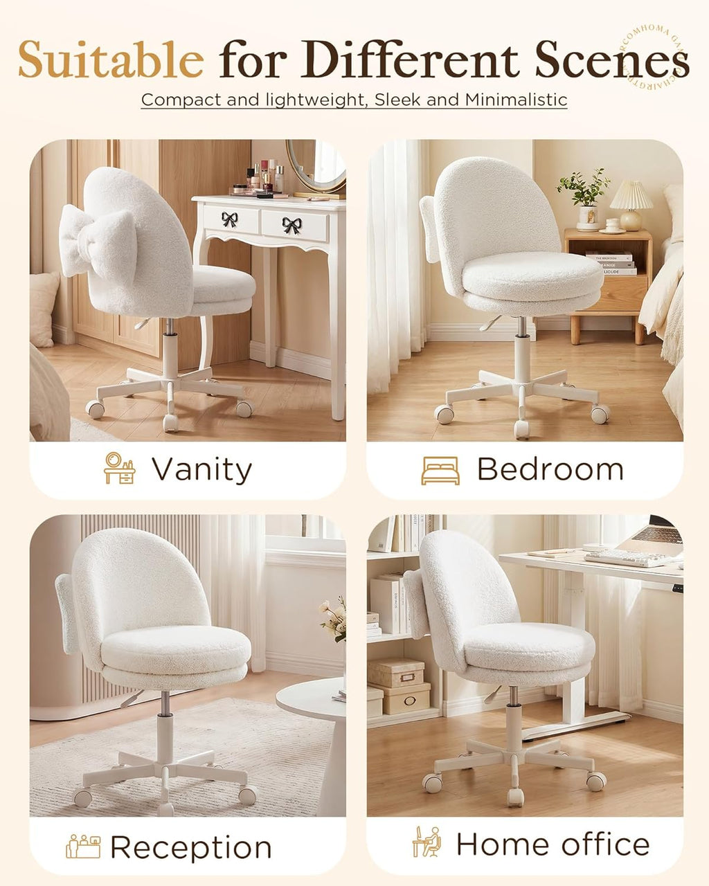 COMHOMA Vanity Chair with Wheels Velvet Tall Office Chair with Back,Armless Desk Chair Comfy Height Adjustable, Soft Lumbar Support for Girls Bedroom Home Vanity Bow Pillow for Gift,White