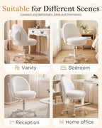 COMHOMA Vanity Chair with Wheels Velvet Tall Office Chair with Back,Armless Desk Chair Comfy Height Adjustable, Soft Lumbar Support for Girls Bedroom Home Vanity Bow Pillow for Gift,White
