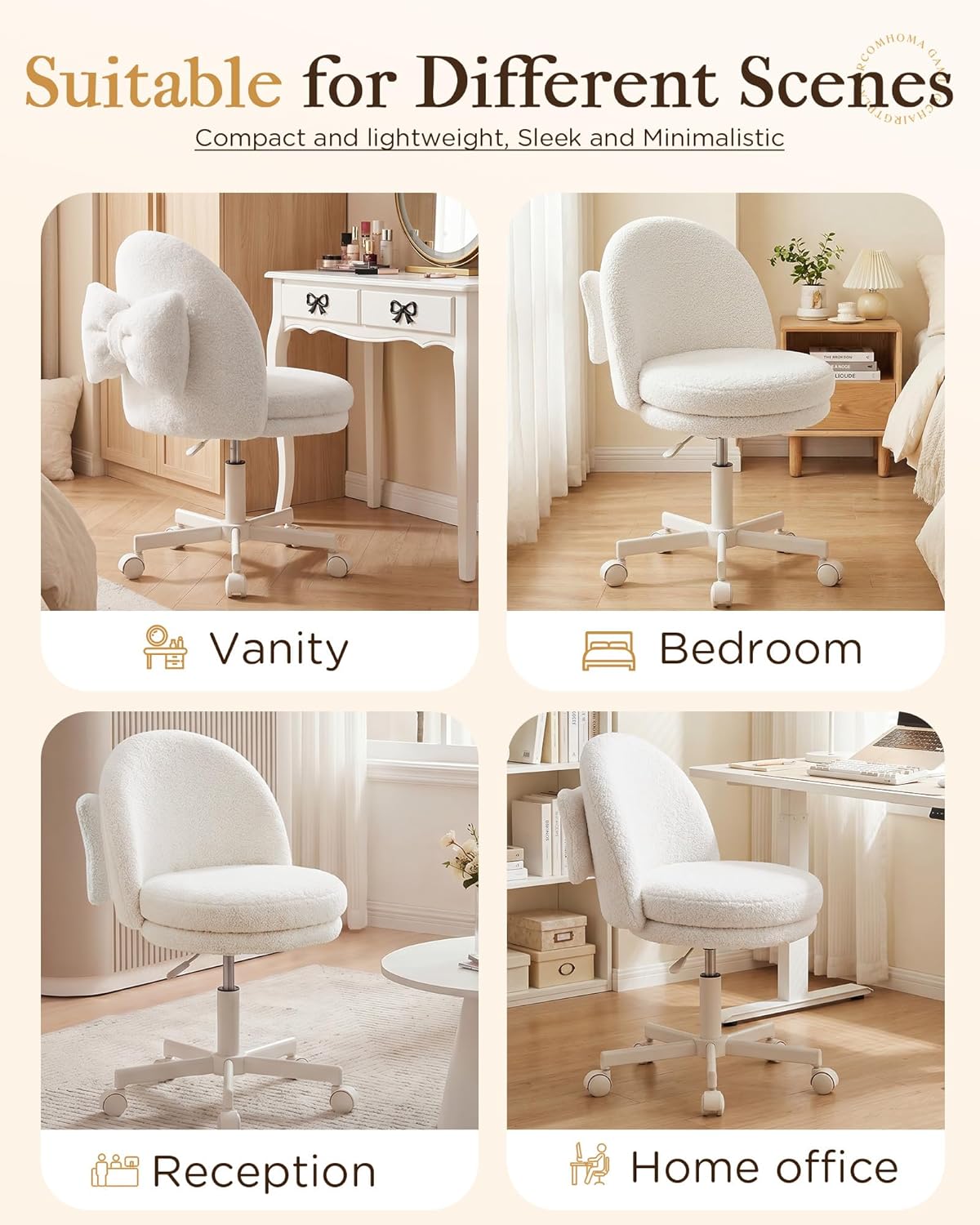 COMHOMA Vanity Chair with Wheels Velvet Tall Office Chair with Back,Armless Desk Chair Comfy Height Adjustable, Soft Lumbar Support for Girls Bedroom Home Vanity Bow Pillow for Gift,White