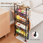 AZERPIAN Slim Rolling Cart 5 Tier Narrow Storage Cart on Wheels with MDF Board Top and Metal Handle for Small Space Kitchen Living Room Home Office Pantry Bathroom Laundry (16.38 x 5.12 x 39.17 inch)