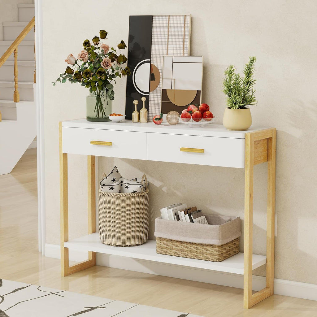 Entryway Table, Sofa Table with 2 Drawers and Storage Shelf, Console Table with Reinforced Legs for Living Room, Entrance, White
