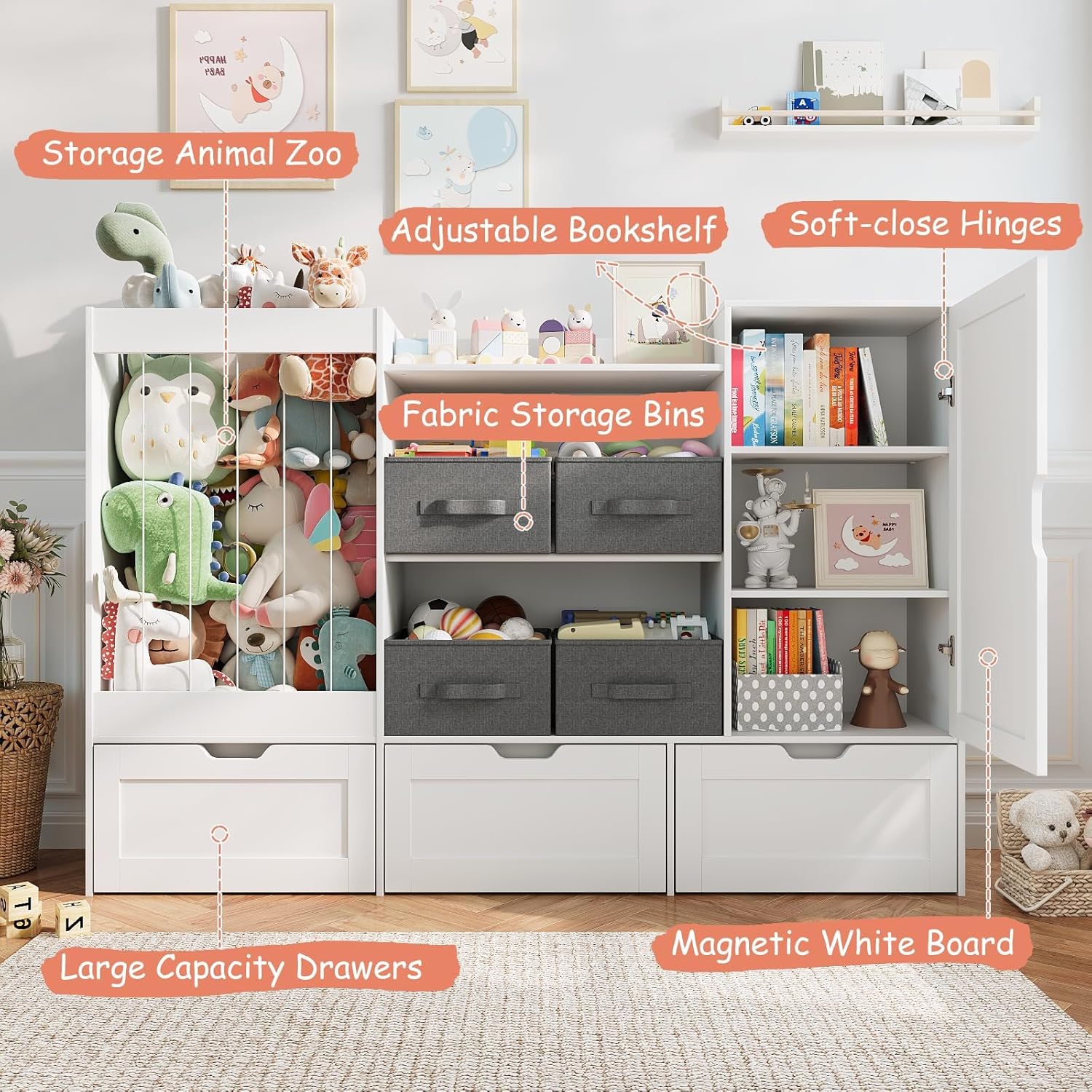 61" W Kids Toy Storage Organizer with Stuffed Animal Storage, 3 Movable Storage Drawers, 4 Removable Storage Bins, Wooden Bookshelf with Magnetic Drawing Board for Kids Room & Playroom, White