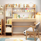 Kids Desk Kids Table and Chair Set with Drawers and Bookshelf Rubber Wood Kid's Media Desk Student Learning Computer Workstation and Writing Desk(Natural)