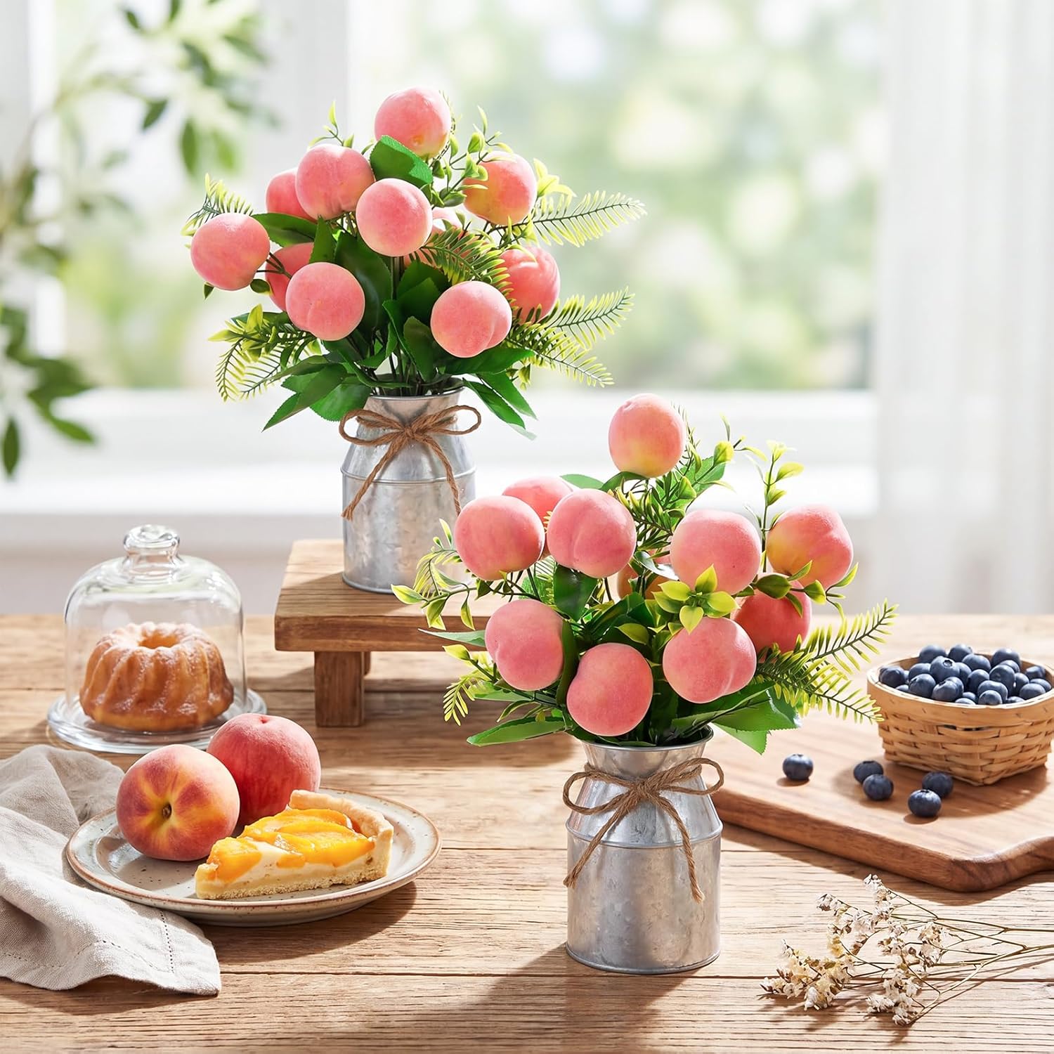 Hotop 2 Sets Artificial Peach Branches with Flower Vases 16.14'' Realistic Artificial Peach Fruits Bouquet with Green Leaves Fruit Flower Arrangement for Home Baby Shower Party Farmhouse Table Decor