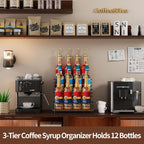 Nuovoware Coffee Syrup Organizer, 3-Tier 12 Bottles Bar Organizer, Separable Metal Rack with Wooden Base Whiskey Wine Dressing for Countertop Kitchen Coffee Bar, Black