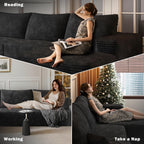 107" W Corduroy Sectional Boneless Cloud Couch with Chaise & Ottoman, No Assembly Required, U Shaped Modular Sectional Sofa, Cozy Fluffy Sofa for Living Room (Black, Left Facing Chaise+Ottoman)