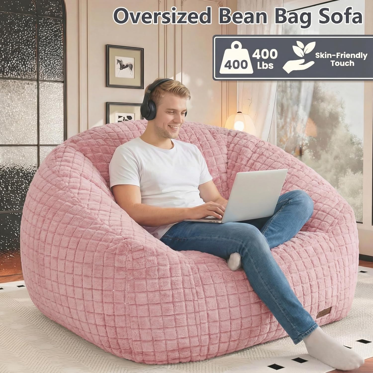 Bean Bag Chairs for Adults, Giant Beanbag Sofa Comfy Reading Chair, Oversized Bean Bag Chairs for Living Room Bedroom, Soft Faux Fur Fabric, 3.2FT, Pink, Checkered