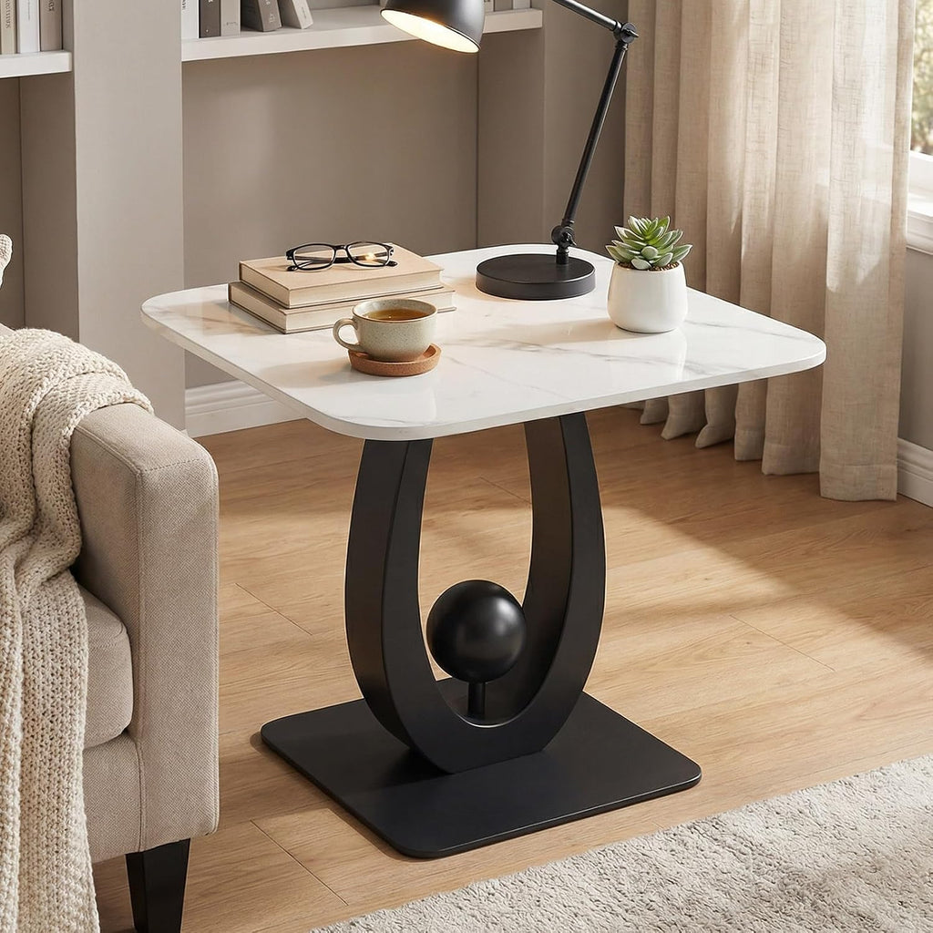 Modern Side Table with Sintered Stone Top, Small End Table with Open Storage Shelf Coffee Table Narrow Bedside Tables for Living Room, Bedroom, Couch, Nightstand(Black2,19.7"x19.7"x21.7")