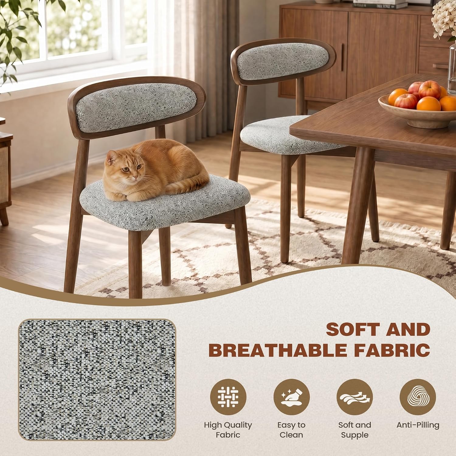 Dining Chairs Set of 4, Upholstered Farmhouse Dining Room Chairs with Soild Wood Legs, Modern Fabric Kitchen Chairs with Ergonomic Curved Backrest, Gray