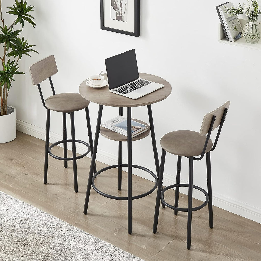 3-Piece Dining Table Set for 2, Small Round Kitchen Table with 2 Chairs, Counter Height Bar Table with Storage, Pub Table and PU Upholstery Stools for Small Space, Apartment, Bistro-Grey