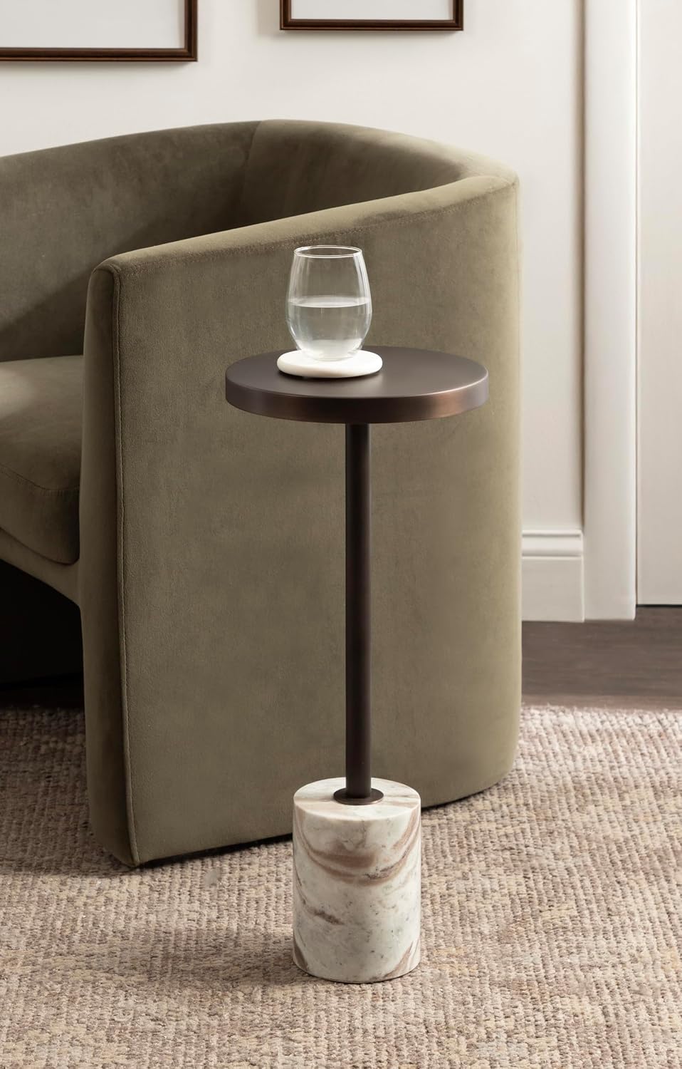Kate and Laurel Hescott Vintage Metal Drink Table, 10 x 10 x 24, Bronze and Brown Marble, Glam Round Accent Table with Premium Toronto Marble Base and Metal Tabletop