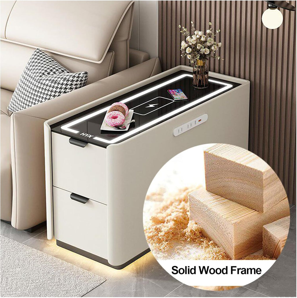 Smart Sofa Side Table with USB Charging Ports, 2 Drawers Storage, Tempered Glass Top, Modern Bedside Nightstand for Bedroom Living Room(Green,90x40cm/31.5x15.7in)