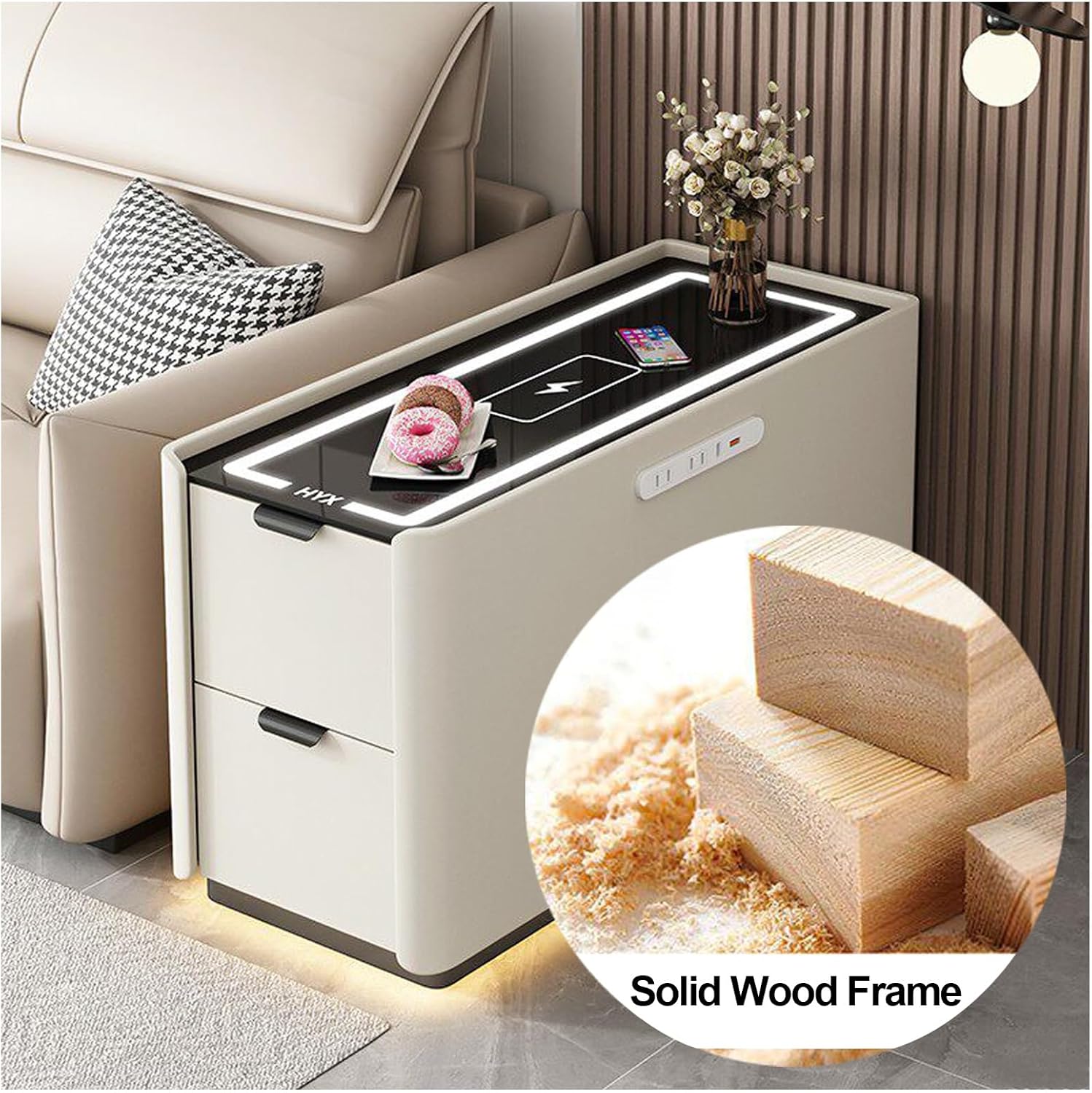 Smart Sofa Side Table with USB Charging Ports, 2 Drawers Storage, Tempered Glass Top, Modern Bedside Nightstand for Bedroom Living Room(Green,90x40cm/31.5x15.7in)