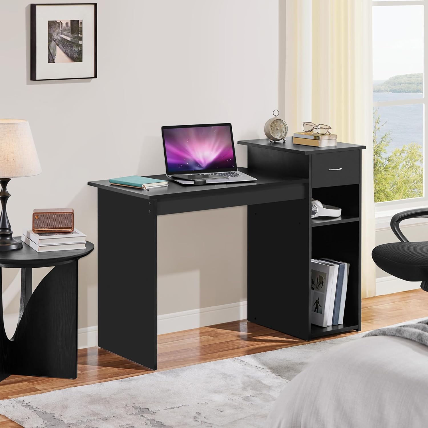 Yaheetech Home Office Modern Desk and Chair Set Computer Desk w/Drawer & Shelves with Ergonomic Mesh Height Adjustable Office Chair