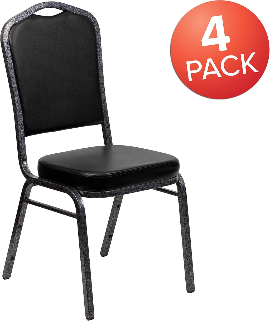 BizChair 4 Pack Crown Back Stacking Banquet Chair in Black Vinyl - Silver Vein Frame