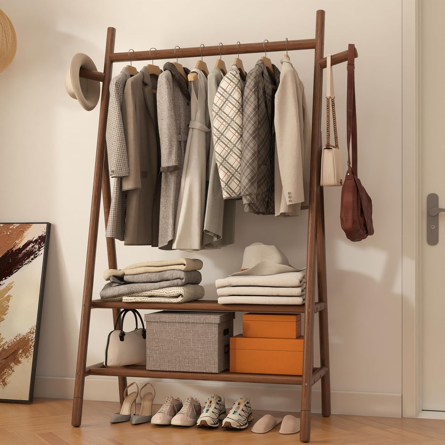 Solid Wood Clothes Rack with 2 Shelves & Hooks, Freestanding Garment Rack & Coat Rack Load 350 Lbs for Hanging Clothes & Organizer, Simple and Practical for Entryway Bedroom 31.5W WALNUT