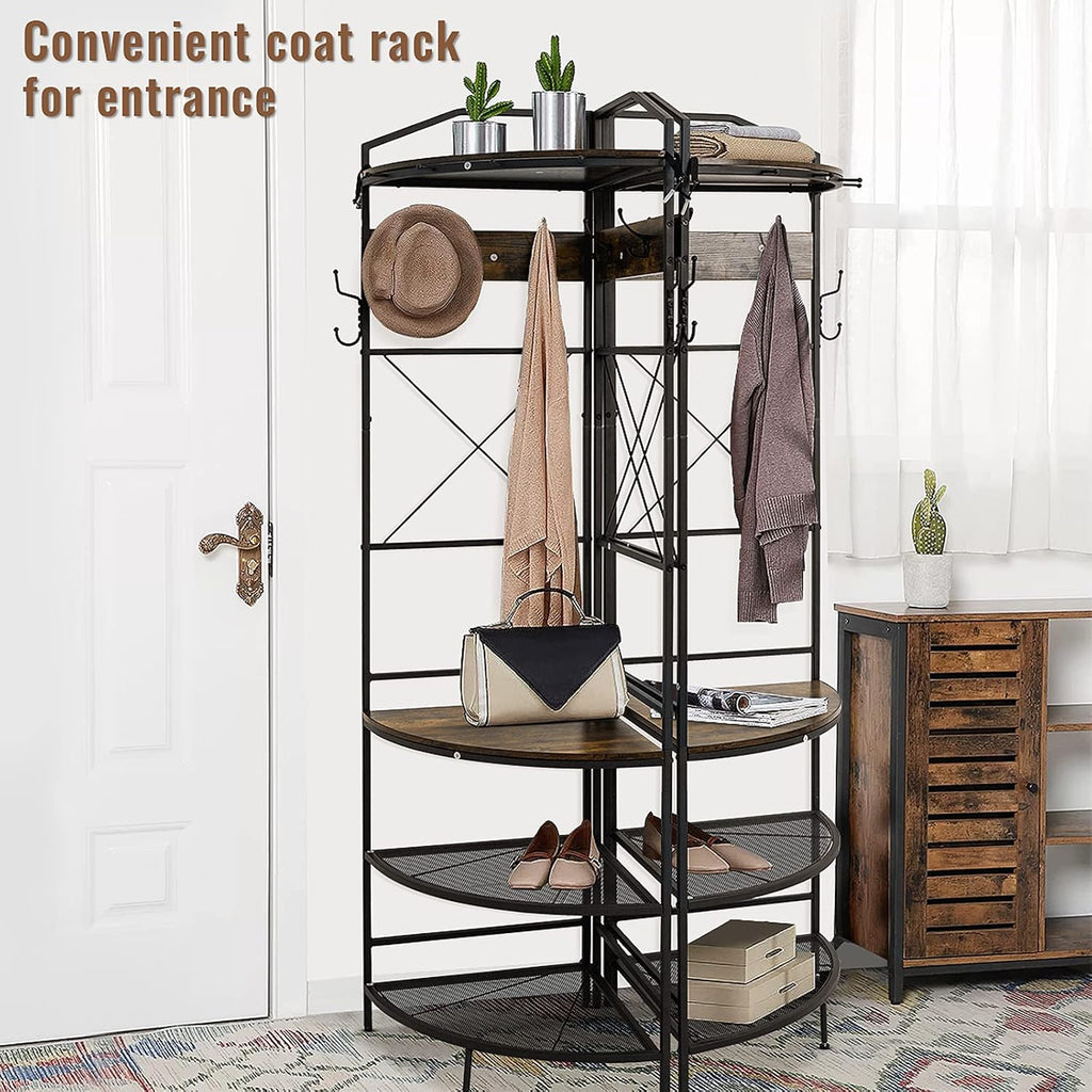 Recaceik 5-in-1 Hall Tree Entryway Bench Coat Rack with 11 Hooks and 2 Hanging Rods, Grid Panel Home Organizer Shoe Shelf for Corner, Hallway, Closet, Rustic Brown