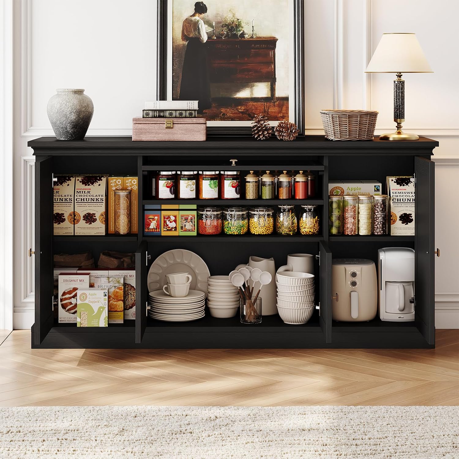 ONBRILL 63" Large Buffet Cabinet with Storage, Farmhouse Sideboard Cabinet with Grooved Barn Doors, Wood Rustic Kitchen Buffet Table Coffee Bar Storage Cabinet for Kitchen, Living Room (Black)