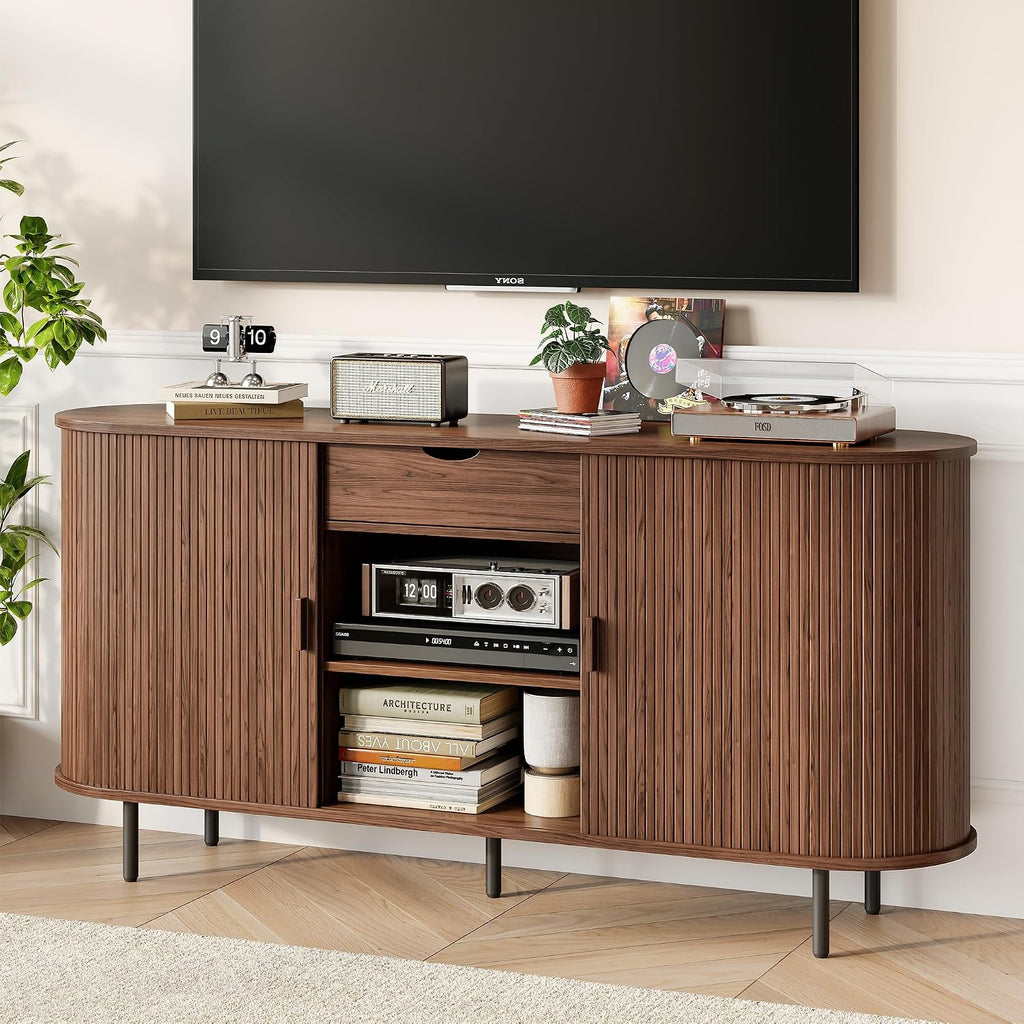 ONBRILL 63'' Fluted Sideboard Buffet Cabinet with Storage, Large Credenza Storage Cabinet with Drawers, Mid Century Modern Buffet Table Accent Console Cabinet for Kitchen Living Room Enrtyway, Walnut
