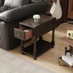 Narrow End Side Table with Drawer and Storage Shelf Set of 2, Solid Wood Sofa Tables, Slim Beside Table for Small Spaces, Living Room, 22"L x 13"W x 22.3"H No-tools Assembly Vintage Black BBJ004BK
