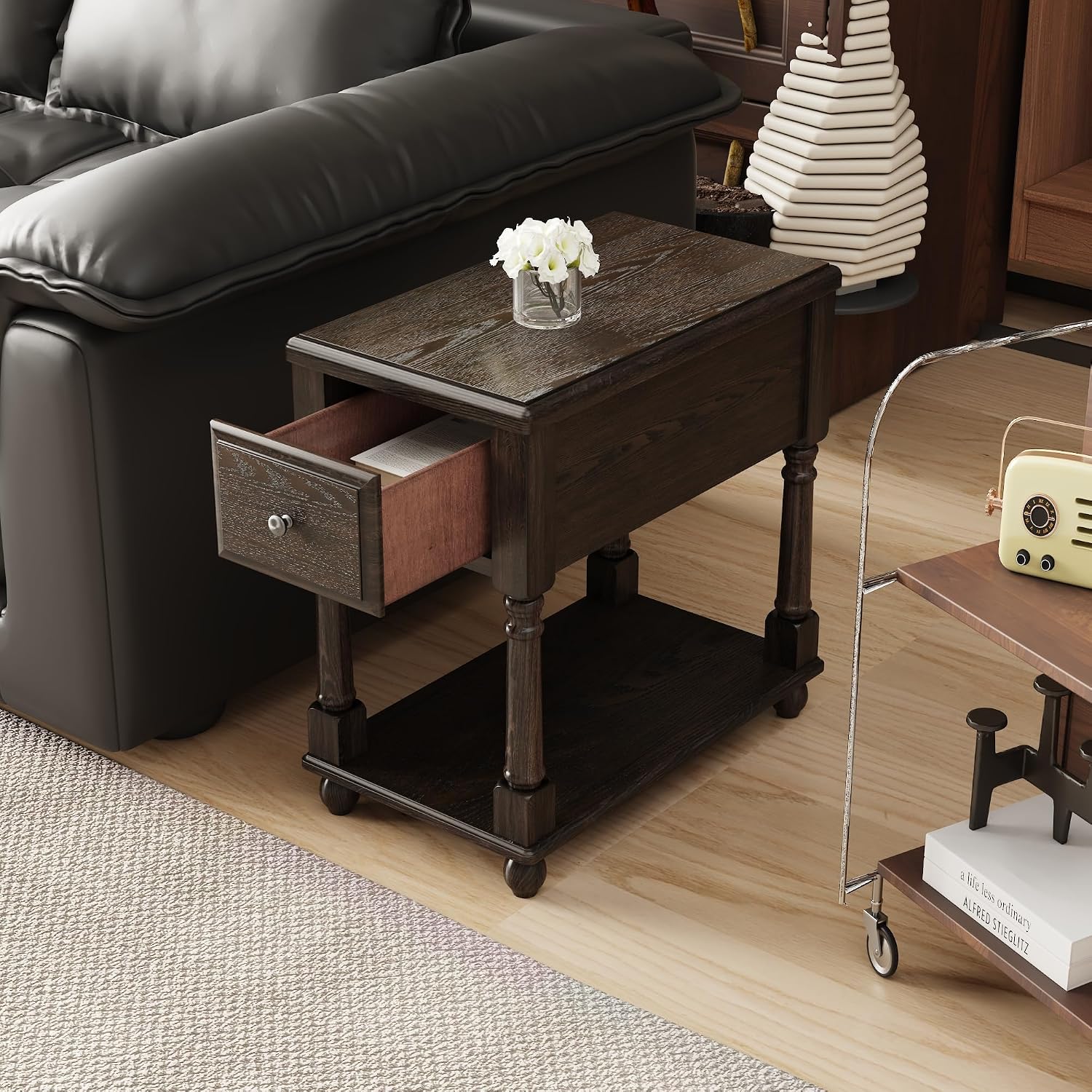 Narrow End Side Table with Drawer and Storage Shelf Set of 2, Solid Wood Sofa Tables, Slim Beside Table for Small Spaces, Living Room, 22"L x 13"W x 22.3"H No-tools Assembly Vintage Black BBJ004BK