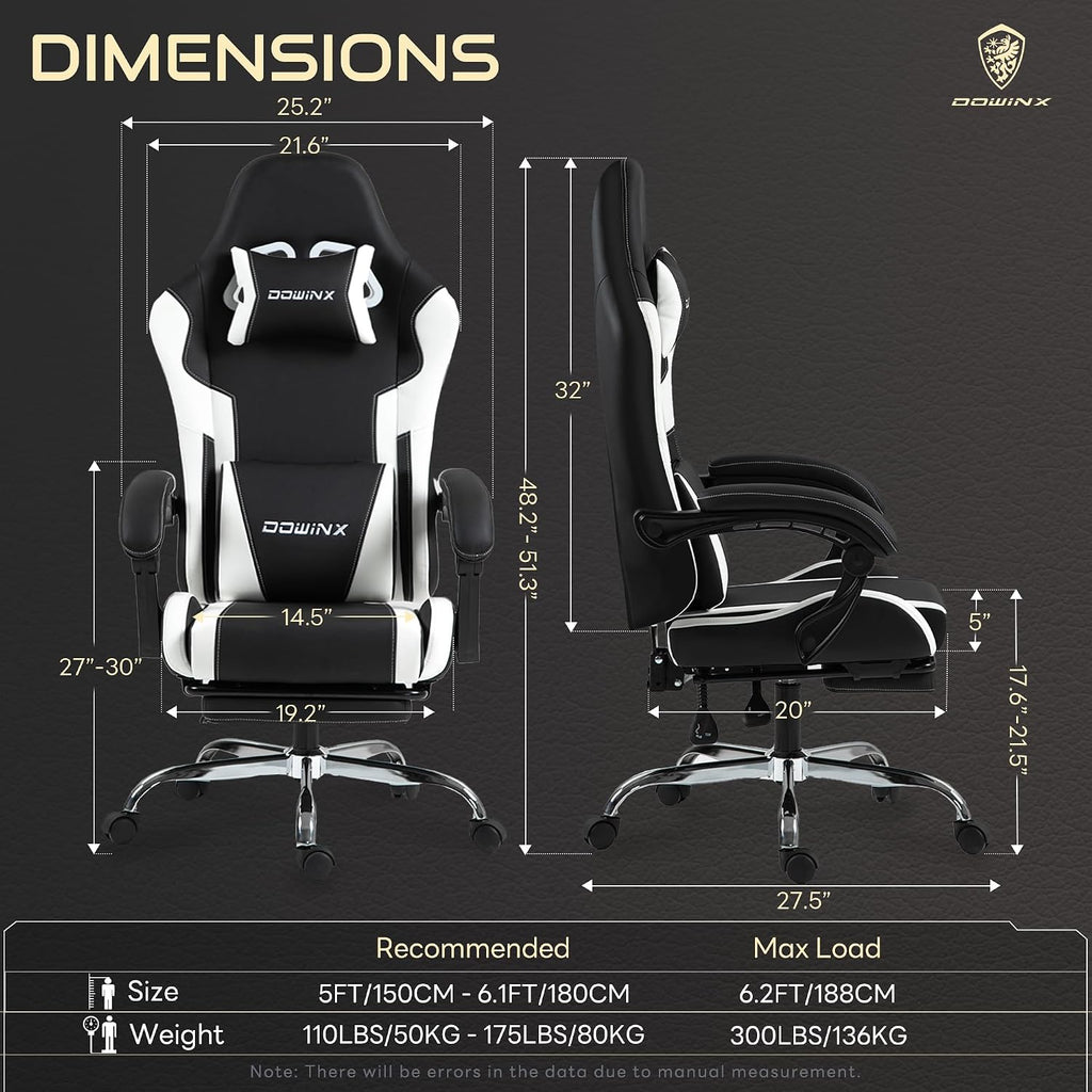 Gaming Chair with Footrest & Massage Lumbar, Ergonomic Reclining Gaming Chair 330lbs with Headrest Pillow for Office, Home & Long Gaming Sessions, White