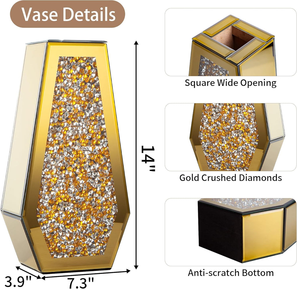 SHYFOY Gold Flower Vase Crushed Diamond Glass Vase Large Crystal Tall Vases for Centerpieces Luxurious Rhinestone Floor Vases Home Decor for Living Room Dining Room Coffee Table, Can’t Hold Water