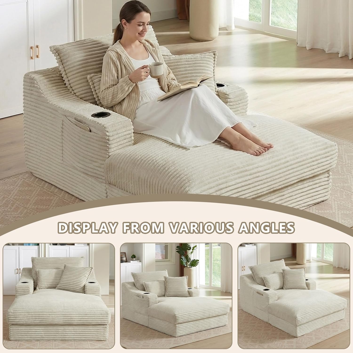67.7" Chaise Lounge Chair Indoor with Cup Holders & Side Pocket, Oversized Boneless Lounger Chairs Indoor with 3 Soft Pillows, Deep Seat Reading Lounge Couch for Living Room, Apartment, Camel
