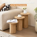 3-Piece Nesting Coffee Table Set, Modern Small Round Wood Side Tables, Fluted Drum Base, for Living Room Bedroom Apartment Small Space, Natual