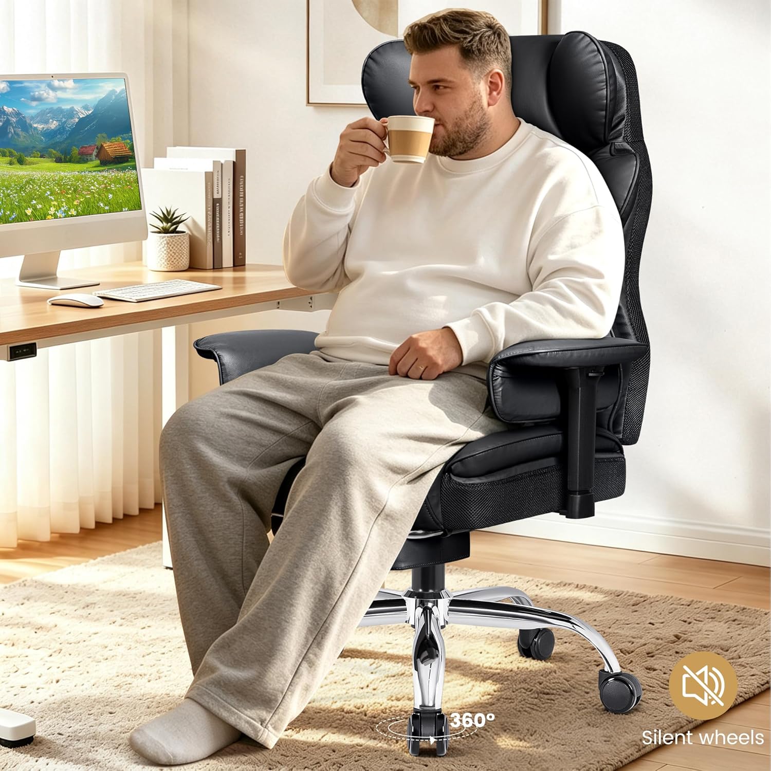 Big & Tall Office Chair 400 lbs – 21.3" Wide Seat High Back Ergonomic Executive Chair with Retractable Footrest, Heavy Duty Computer Gaming Chair for Heavy People, Black