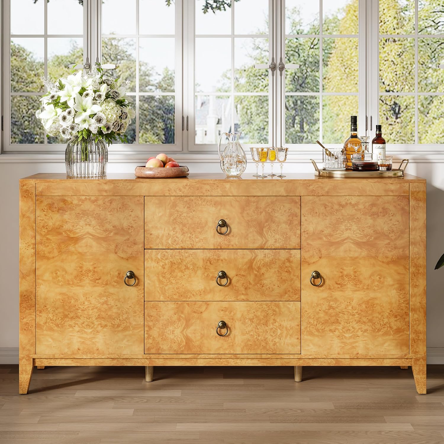 AMERLIFE 60" High Gloss Burl Buffet Sideboard Storage Cabinet, Large Wood Sideboard with Drawers, Retro Handles, Heavy Duty Coffee Wine Bar Buffet Table for Dining Room, Living Room, Yellow