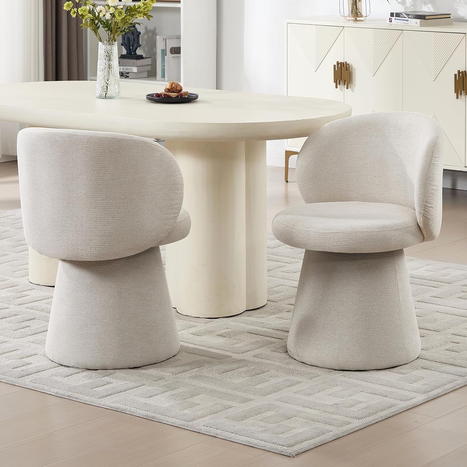 Swivel Dining Chair Set of 1, Modern Chenille Upholstered Boucle Swivel Barrel Chair, Comfy Fabric Accent Side Chairs for Kitchen Dining Living Vanity Room Bedroom, Beige