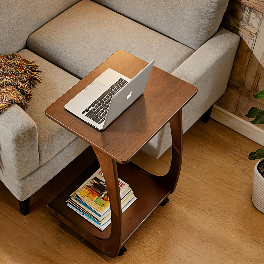 Solid Wood C-Shaped End Table with Wheels, Walnut Slide Under Sofa Side Table with Storage Shelf, Mobile Accent Table for Living Room Bedroom